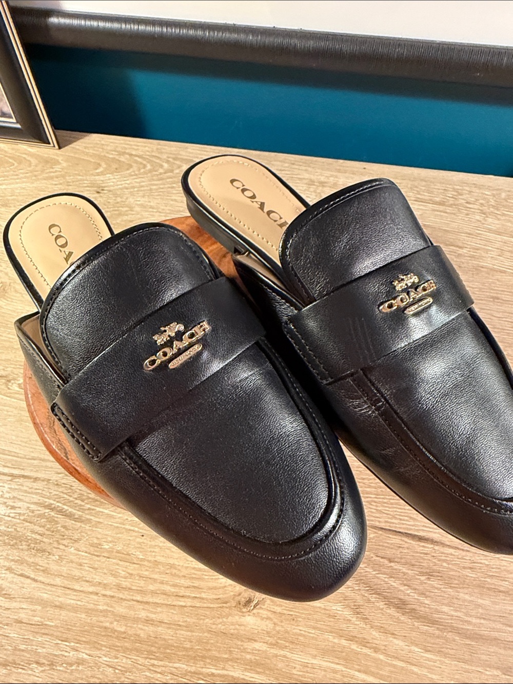 Coach Black Leather Slip-On Mule Loafers with Gold Logo Accent